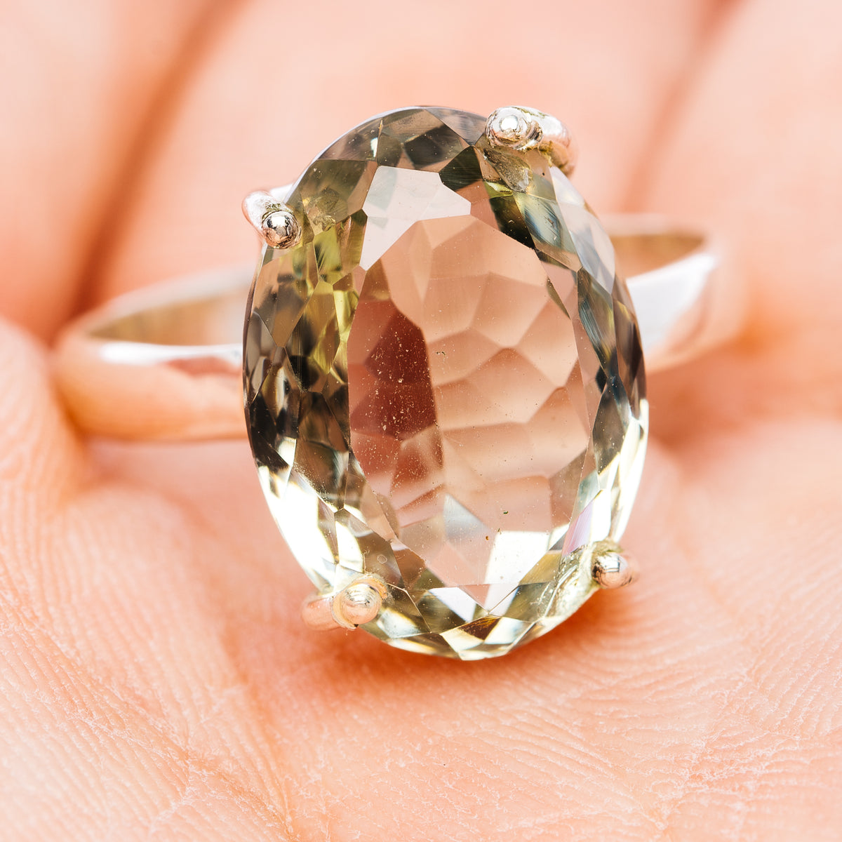 Faceted Prasiolite Ring Size 8.75 (.925 Sterling Silver)