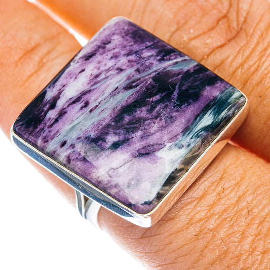 Sterling silver .925 ring, size 9, rectangular purple kammererite stone