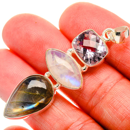 Sterling silver three-stone heart pendant: labradorite, moonstone, amethyst