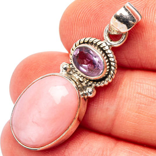 Pink opal and amethyst sterling silver pendant with oval stones in ornate bezel