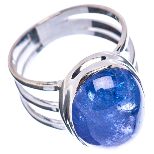 Sterling silver tanzanite ring with oval blue gemstone on open split-style band