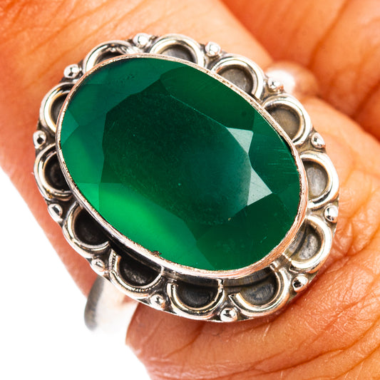 Green onyx oval ring with .925 sterling silver filigree bezel, size 7