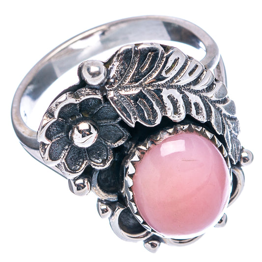 Sterling silver pink opal ring, oval pink stone with embossed leaf and flower settings
