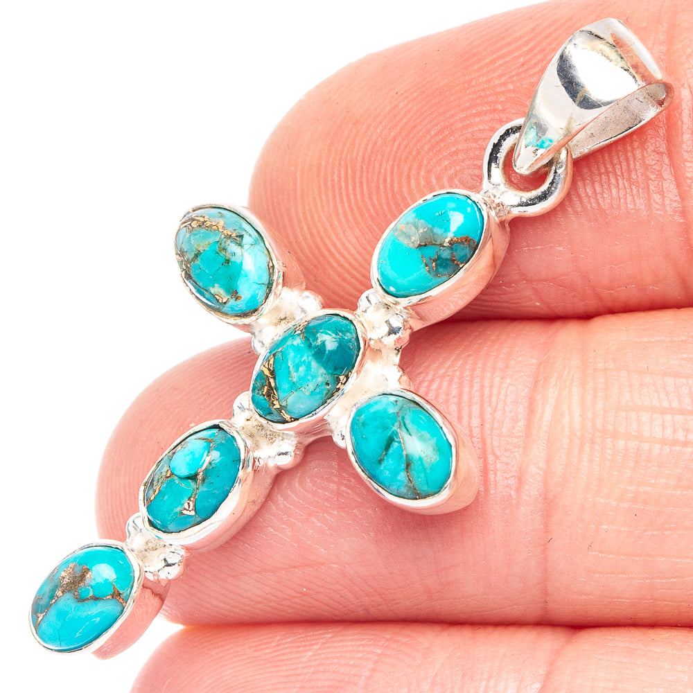 Blue Copper Composite Turquoise Cross Pendant 1 5/8" (925 Sterling Silver) P43966