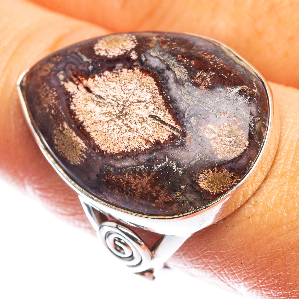 Sterling silver ring with oval mushroom rhyolite stone, dark purple-brown with gold speckle