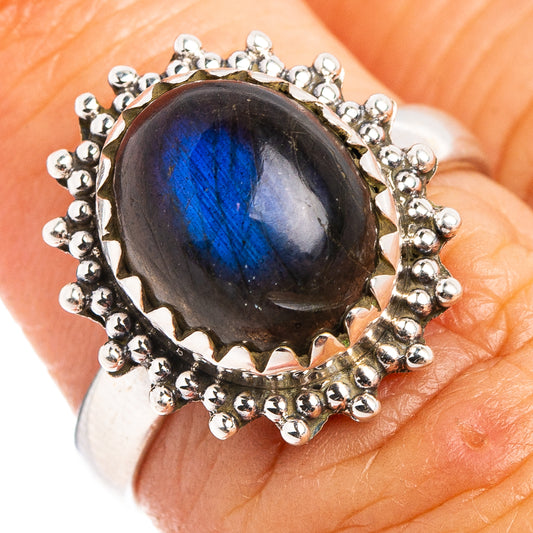 Labradorite oval ring in .925 sterling silver with blue-luster gemstone halo of bead prongs