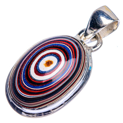 Sterling silver oval fordite pendant with concentric blue red white rings and top bail