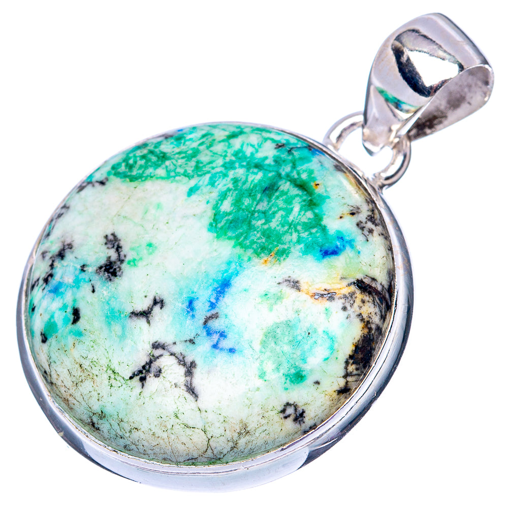 Round azurite cabochon sterling silver pendant with top loop bail, front view.