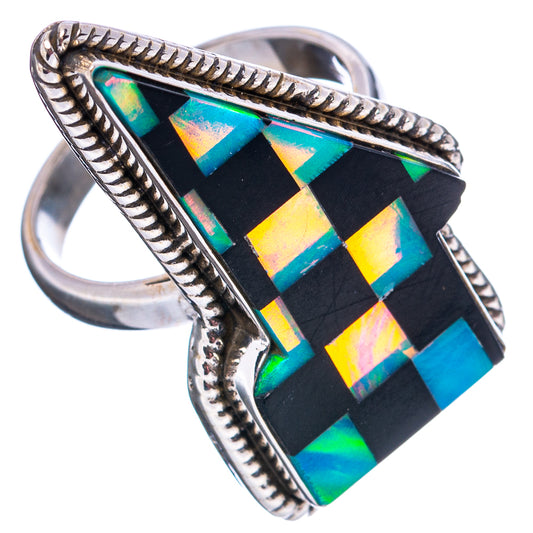 Sterling silver ring with black opal lightning-bolt inlaid mosaic, rope bezel detail
