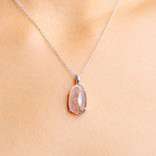 Sterling silver cacoxenite necklace with oval faceted pink stone pendant