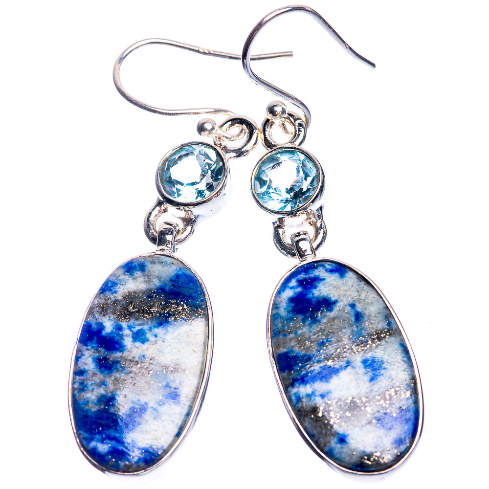 Sterling silver dangle earrings with round blue topaz and oval blue sodalite cabochons