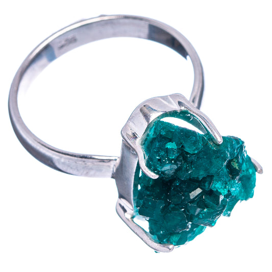 Sterling silver dioptase ring, open setting showing dark green crystal, size 5