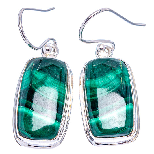 Malachite earrings, .925 sterling silver with green striped rectangular cabochon and hook drop