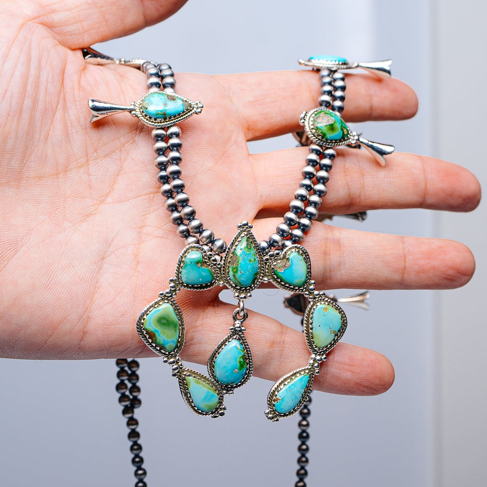 Southwestern Style Sonoran Gold Turquoise Squash Blossom Necklace 19 to 20" (.925 Sterling Silver)