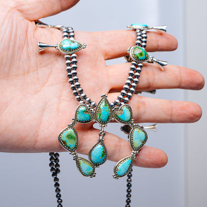 Southwestern Style Sonoran Gold Turquoise Squash Blossom Necklace 19 to 20" (.925 Sterling Silver)