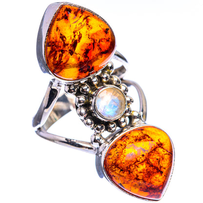 Large Baltic Amber, Rainbow Moonstone Ring Size 6 (925 Sterling Silver) R143037