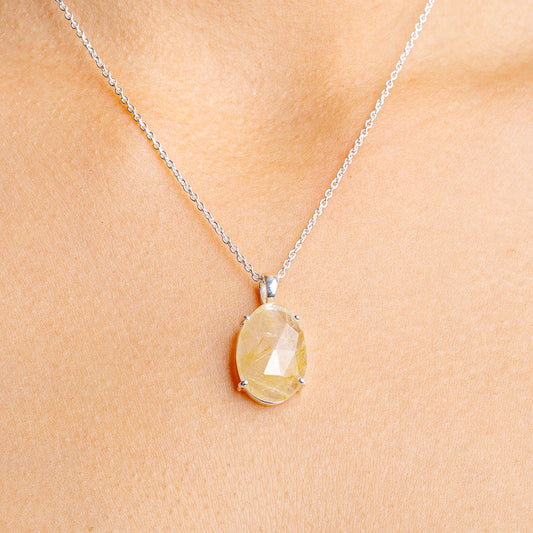 Sterling silver chain necklace with oval rutilated quartz pendant, 16–18 in