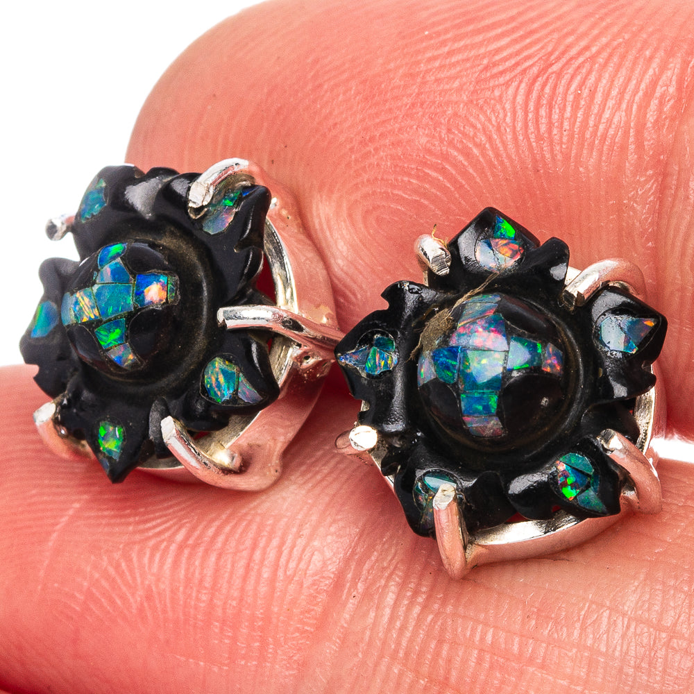 Rare Opal Black Onyx Flower Earrings 1/2" (925 Sterling Silver) E1135