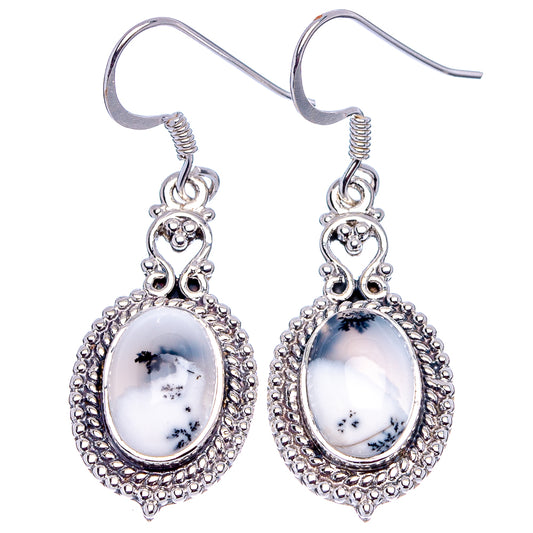 Oval dendritic opal drop earrings, .925 sterling silver, ornate teardrop bezel and hook backs