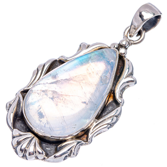 Oval rainbow moonstone pendant in ornate .925 sterling silver setting with bail loop