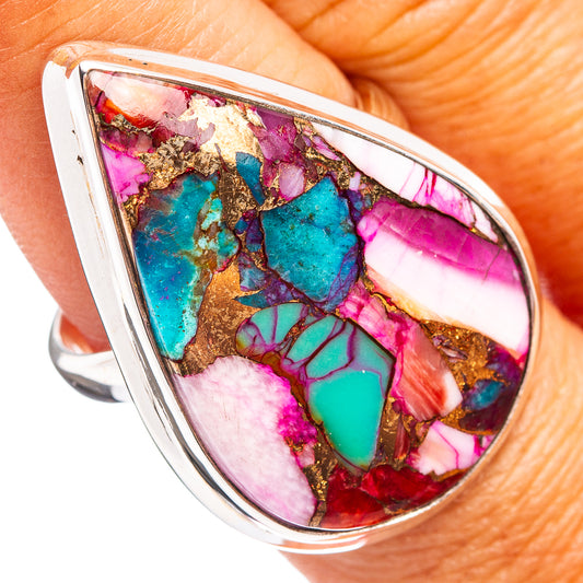 Sterling silver teardrop ring with turquoise, pink, and gold mosaic inlay cabochon
