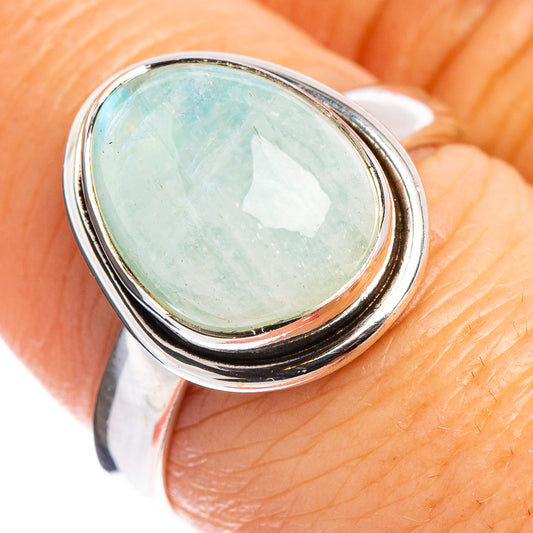 Green moonstone cabochon sterling silver ring, teardrop bezel, size 8