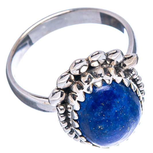 Sterling silver lapis lazuli ring, oval blue cabochon with detailed bead band