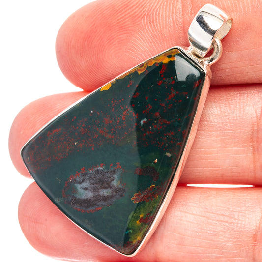 925 sterling silver bloodstone pendant, black-green teardrop cabochon with silver bail