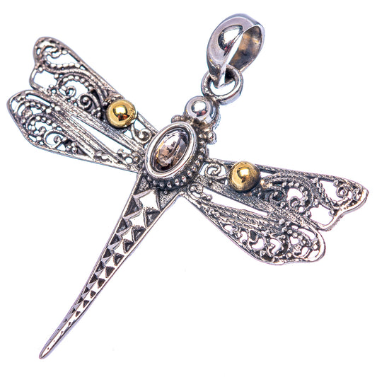Sterling silver dragonfly pendant with loop bail, smoky quartz center, filigree details