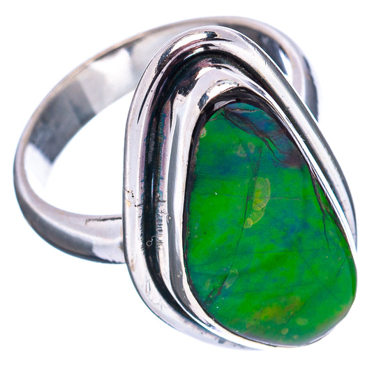 Sterling silver ammolite ring with oval green iridescent cabochon, raised bezel