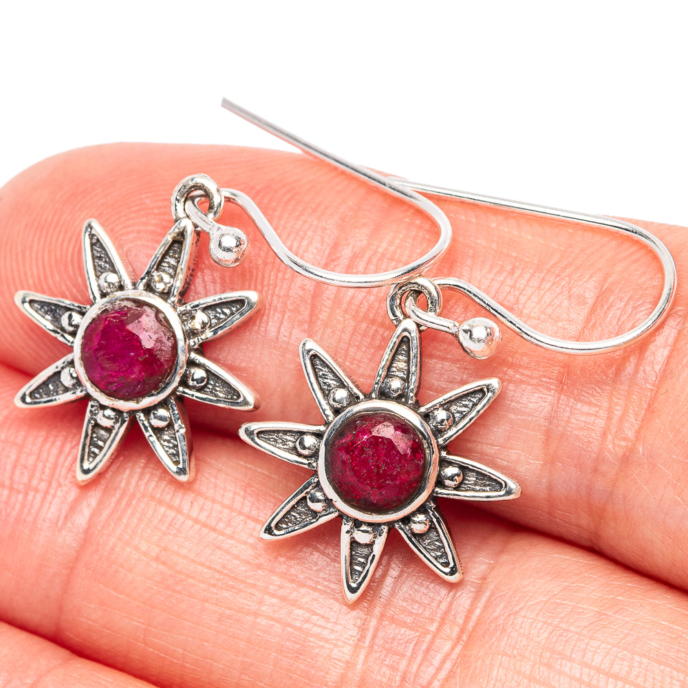 Sterling silver dainty flower earrings with red round gemstones, fishhook backs