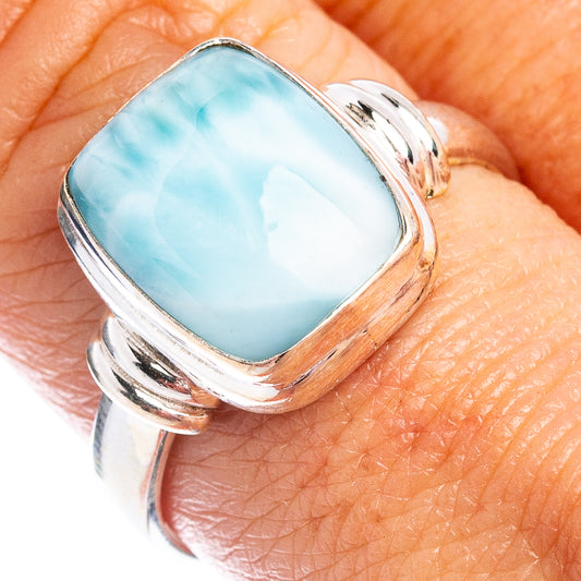 Oval blue larimar gemstone bezel ring, .925 sterling silver, size 9