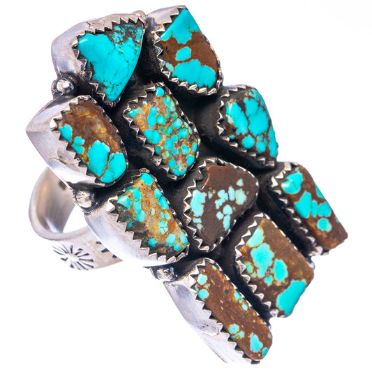 Adjustable turquoise inlay statement ring with assorted stones and engraved silver edges