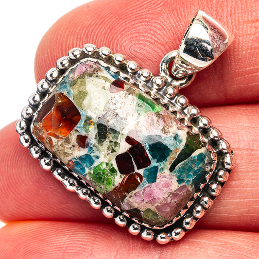 925 sterling silver tourmaline matrix pendant with multicolor gemstone mosaic in bezel setting