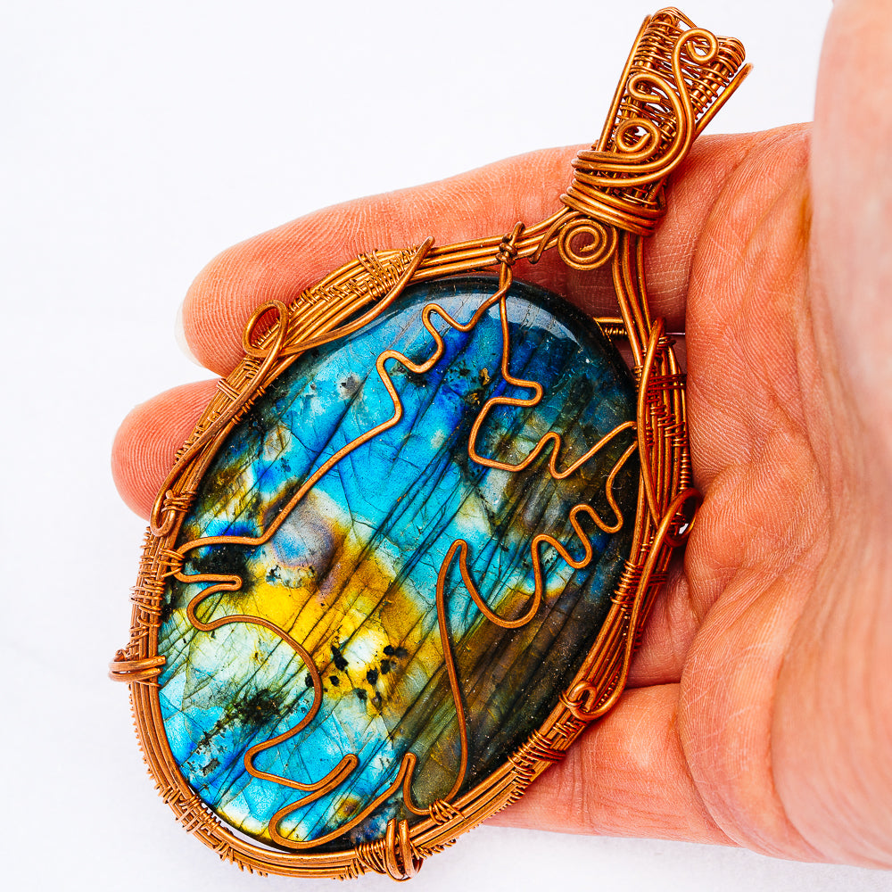 Spectrolite Wire Wrap Pendant 4" (Copper)