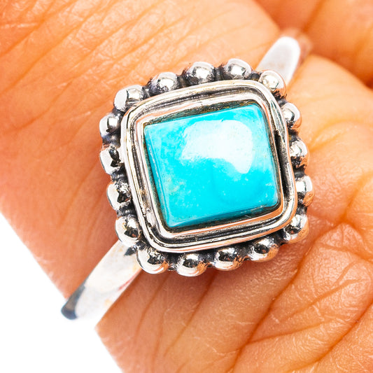 Turquoise square cabochon dainty sterling silver ring with beaded bezel