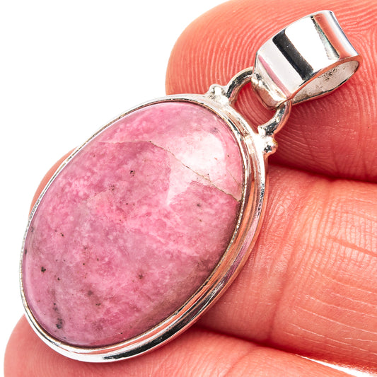 Sterling silver rhodonite pendant with oval pink gemstone in bezel setting