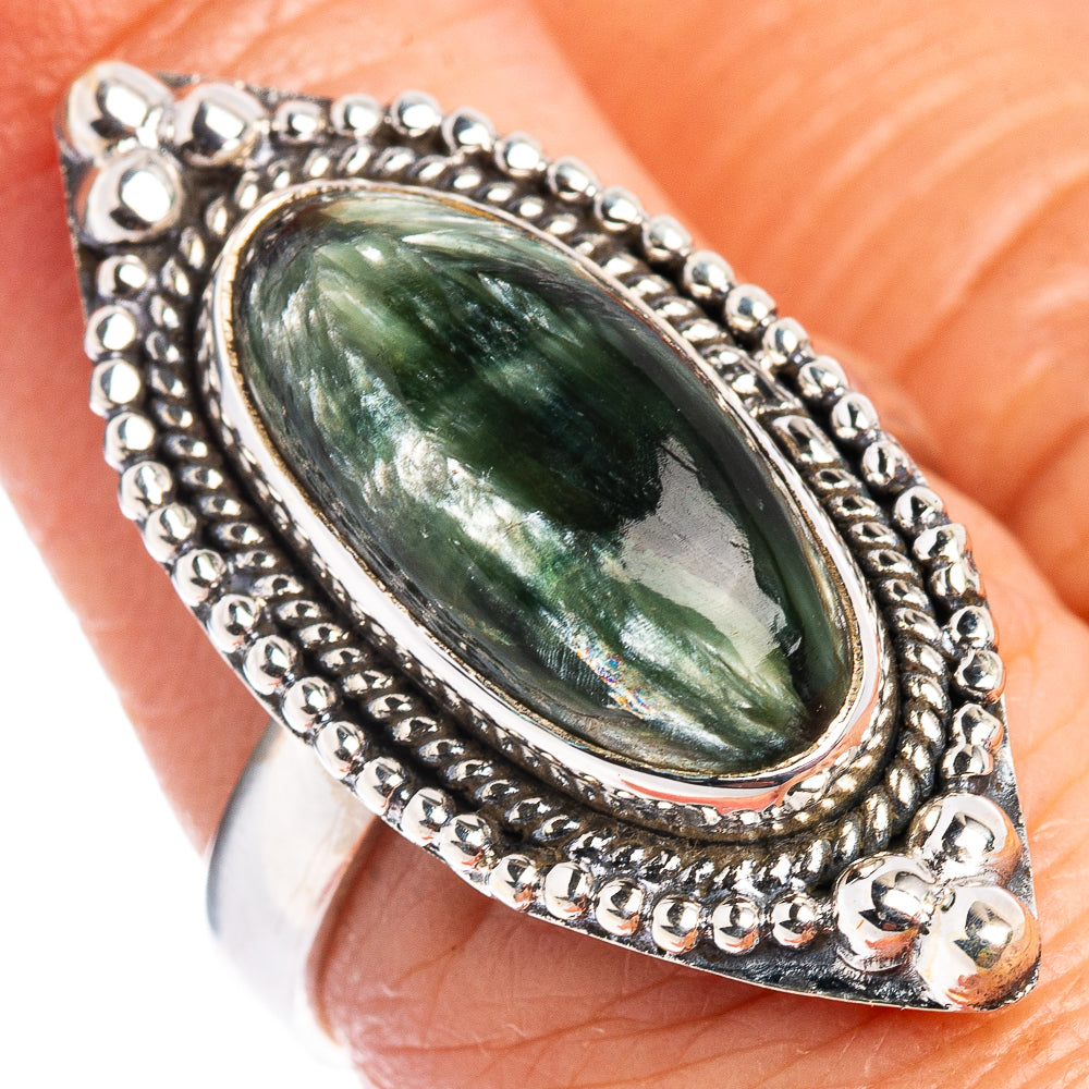 Oval green cabochon sterling silver ring, ornate beaded oval bezel