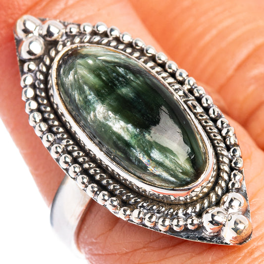 Oval green cabochon sterling silver ring, ornate beaded oval bezel