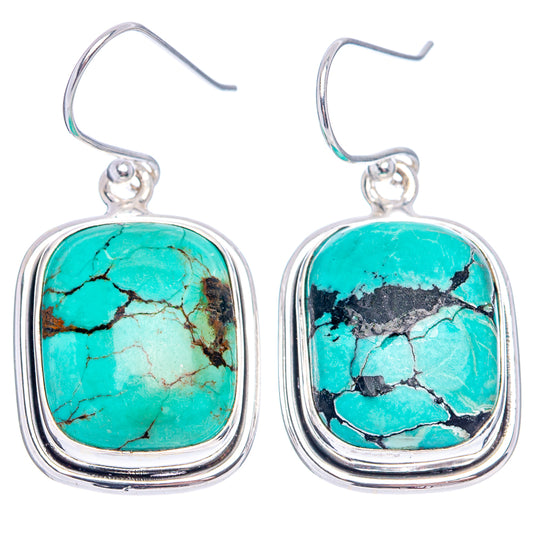 Turquoise stone drop earrings in .925 sterling silver, rounded rectangle frames, fishhook.