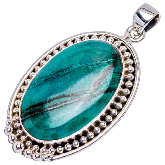 Chrysocolla oval pendant .925 sterling silver bezel with beaded edge and loop bail