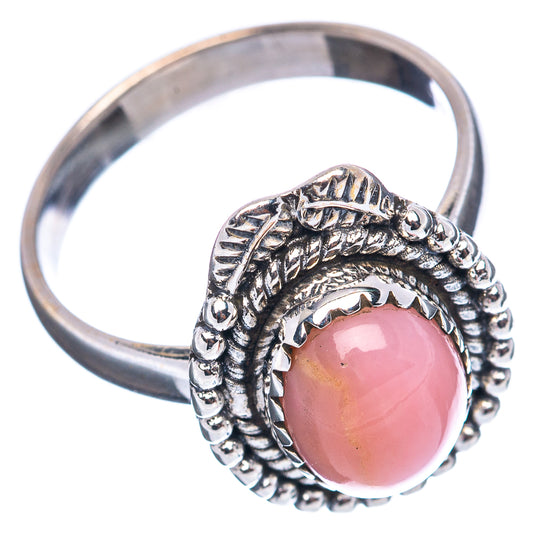 Pink opal cabochon ring, rounded sterling silver band with detailed bead and scroll work