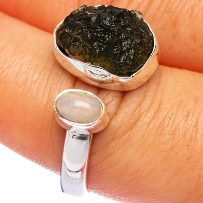 Rare Czech Moldavite, Ethiopian Opal Ring Size 8 Adjustable (925 Sterling Silver) R145586