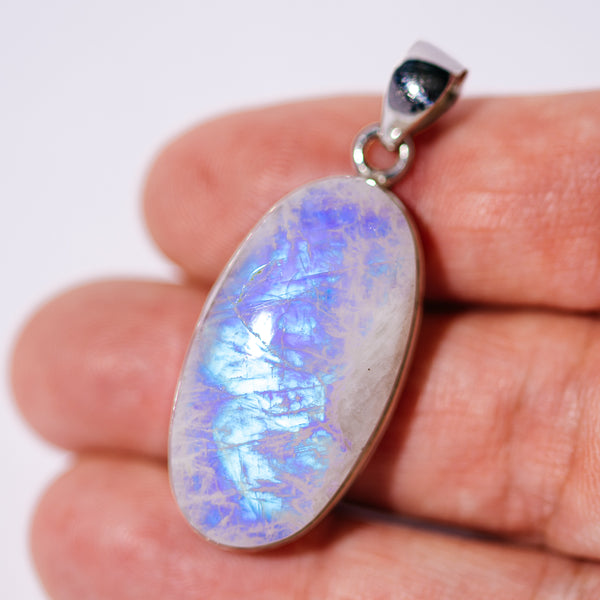 Large AAA Rainbow Moonstone Pendant 1 5/8" (.925 Sterling Silver)