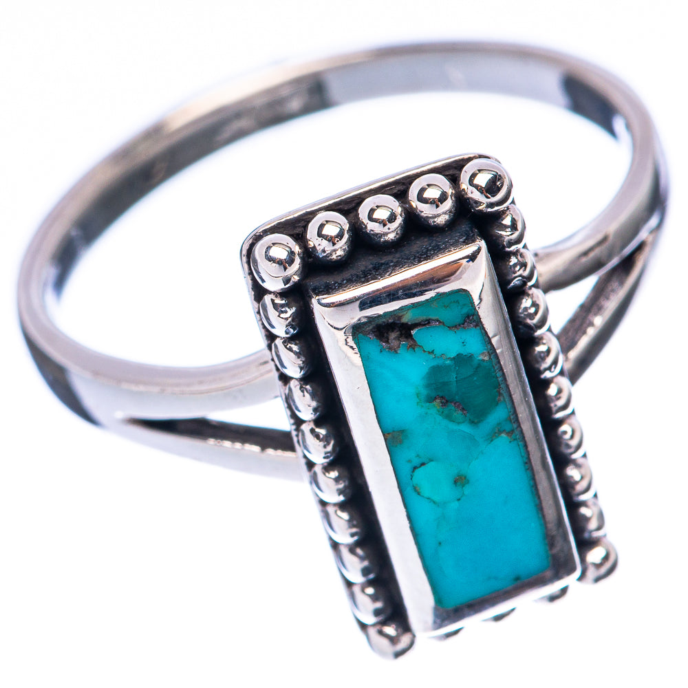 Turquoise rectangle gemstone sterling silver ring, raised bezel with beaded sides