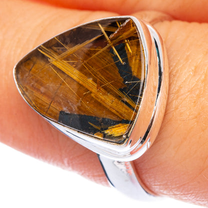 Sterling silver ring with teardrop rutilated quartz, golden-brown with needle-like strands