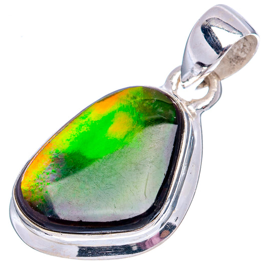 Sterling silver ammolite pendant with teardrop setting and vivid iridescent green-gold surface.