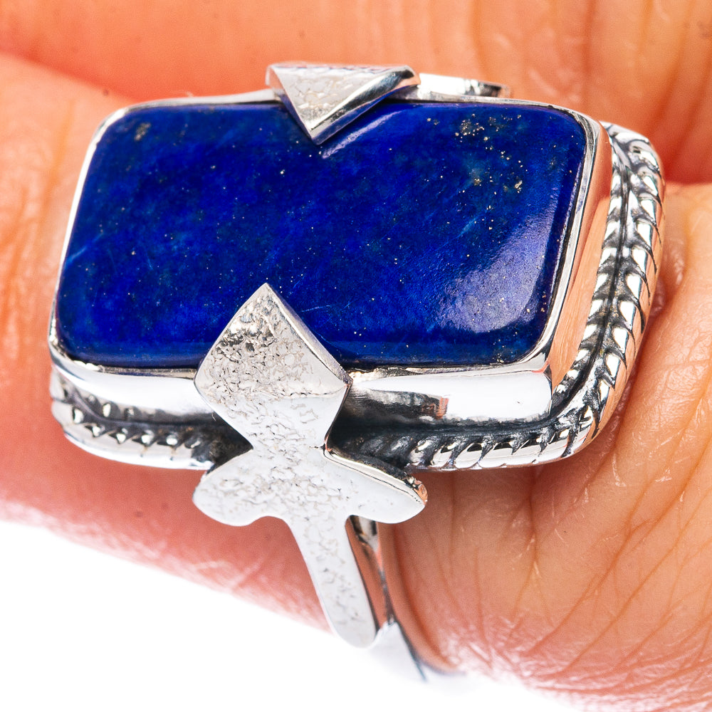 Lapis lazuli 925 sterling silver ring with blue rectangular stone and prong setting