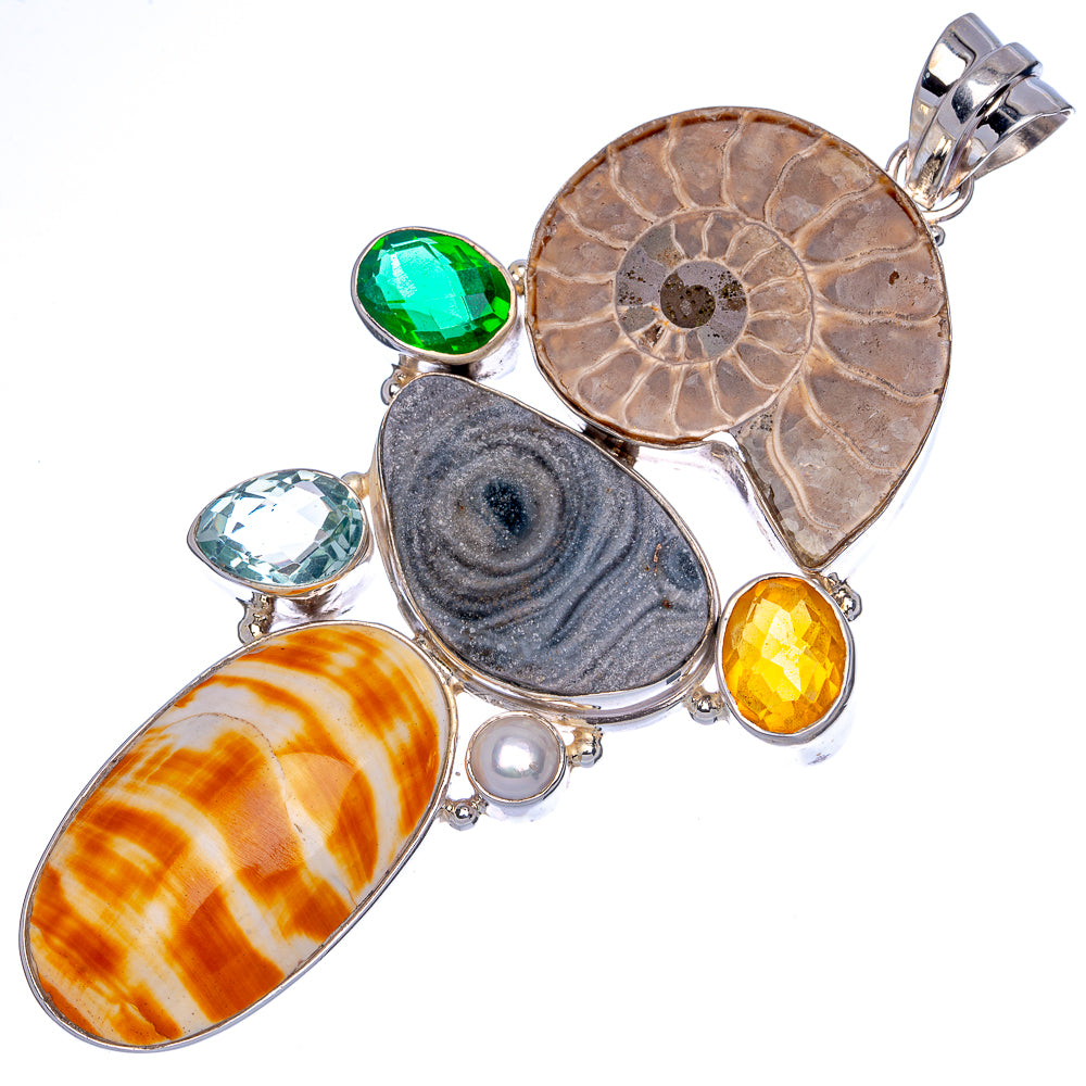 Gigantic Ammonite Fossil, Desert Druzy, Ocean Sea Shell, Citrine, Blue Topaz, Green Onyx Pendant 4 5/8" (925 Sterling Silver) P40114