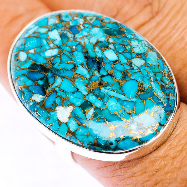 Blue Copper Turquoise Ring Size 9 Adjustable (.925 Sterling Silver)